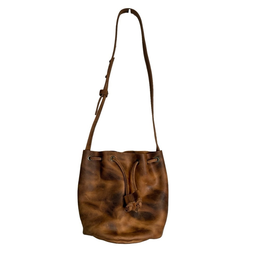 Handmade leather bucket bag by Cageless Birds Brown